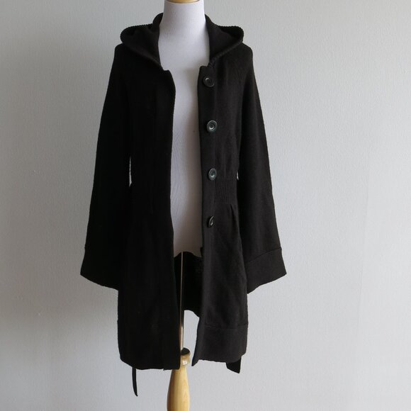 Majora Black Belted Hooded Button Down Long Knit Cardigan Sweater - Size Large - Picture 1 of 9